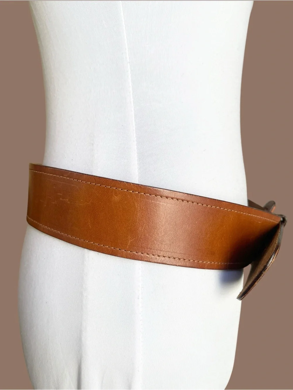Cognac Brown Leather Wide Waist Belt Oversized D Buckle Size M